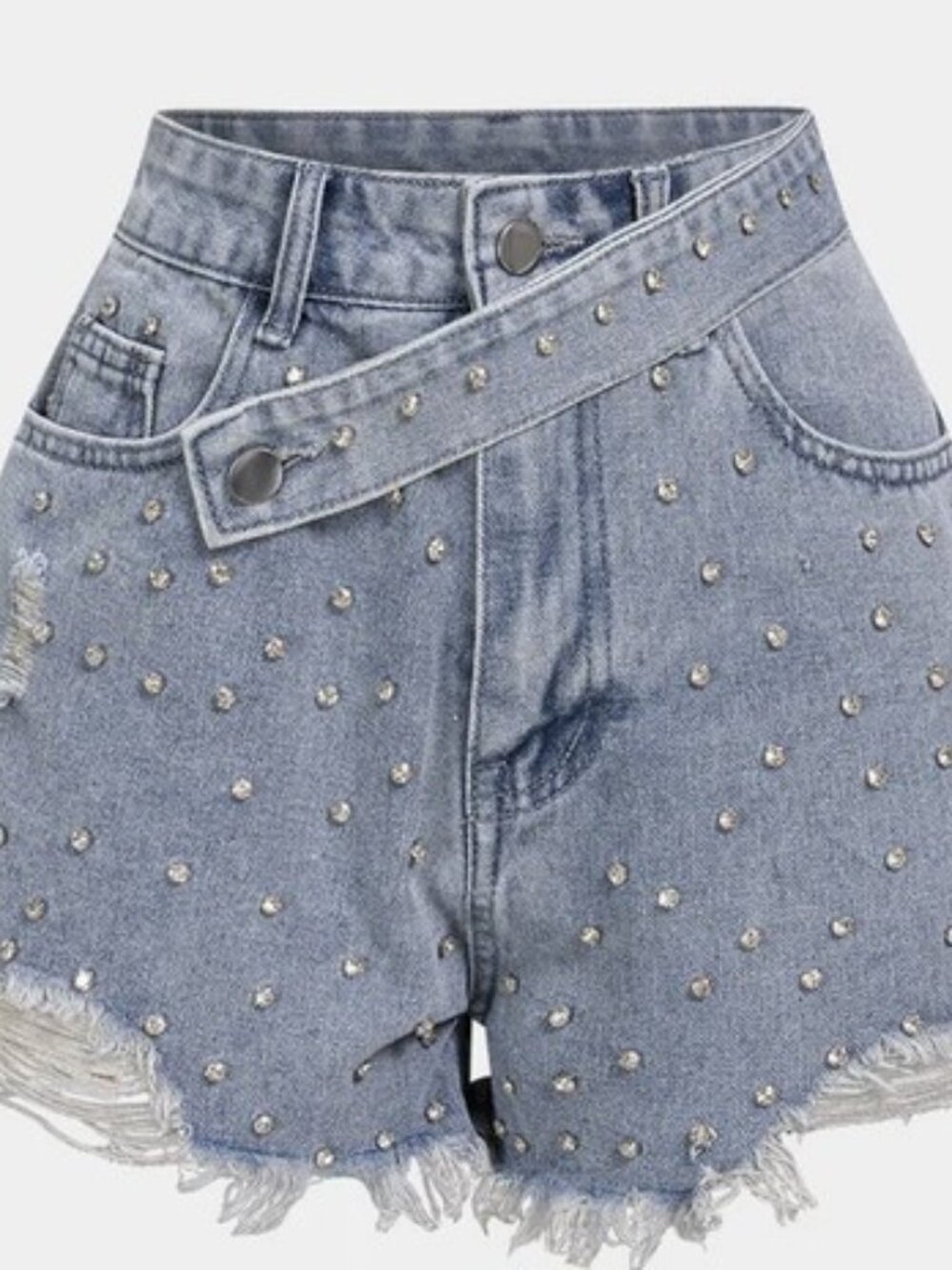 Denim Ripped Rhinestone Asymmetrical Shorts